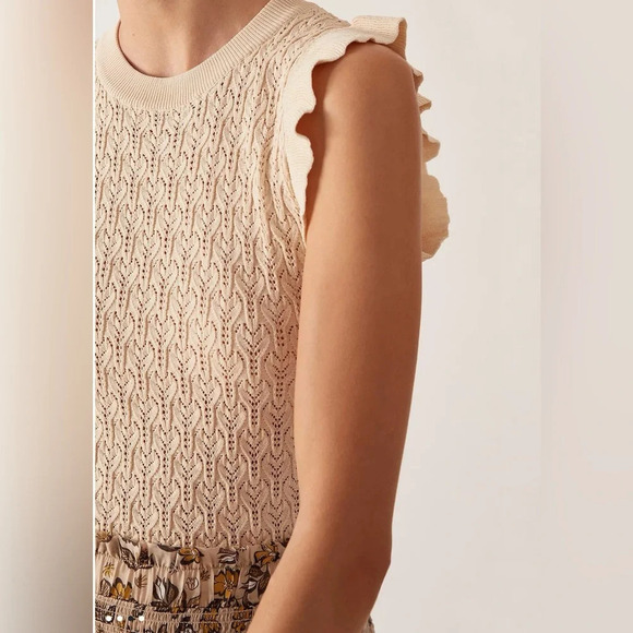 Anthropologie Current Air Sweater Dress Smocked Ruffle Crewneck Floral Knit Mini - Picture 9 of 9